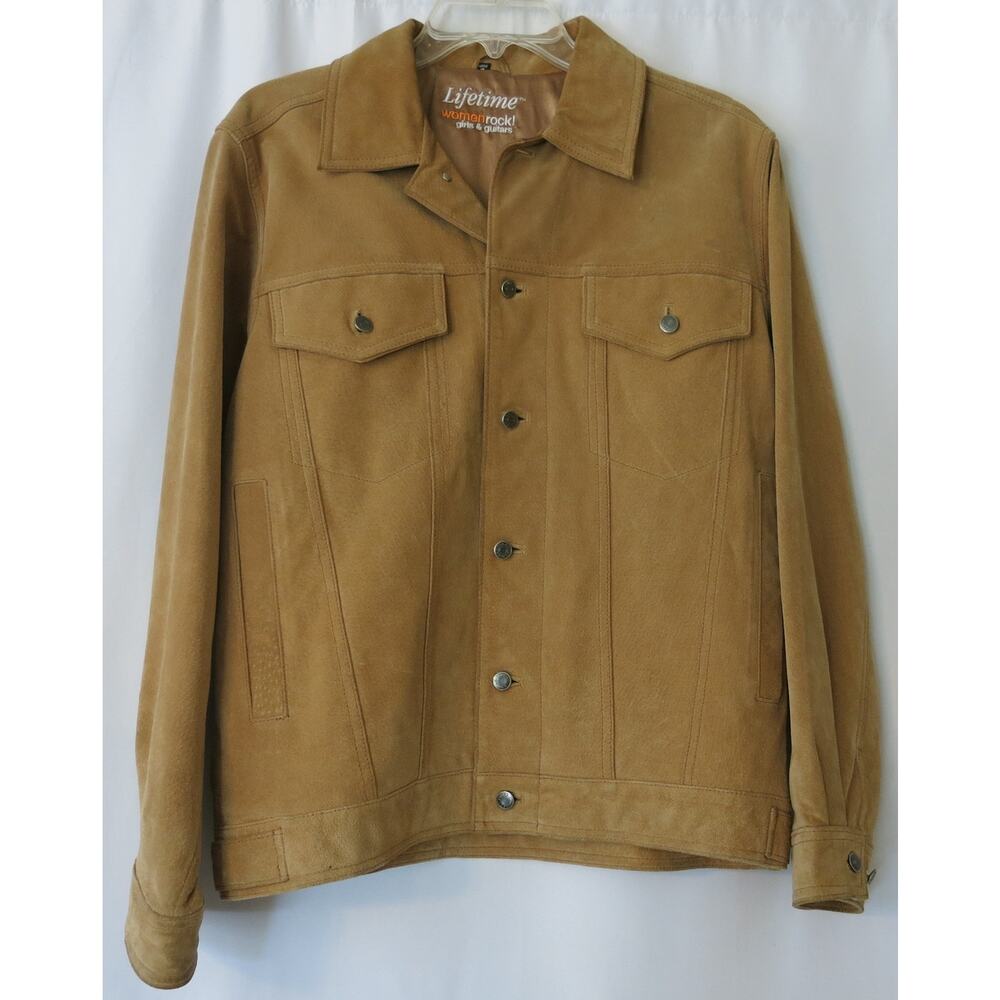 Vintage LIFETIME WOMEN ROCK! GIRLS GUITARS Suede Jacket Size S Tan Y2K Music